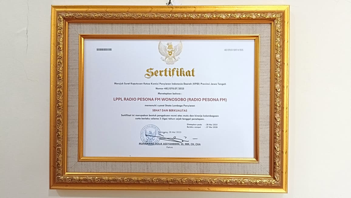 Pesona FM Mendapatkan Hasil Stratifikasi Sehat dan Berkualitas dari KPID Jateng"